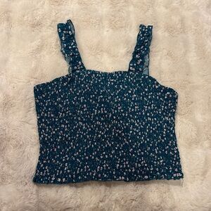 SHEIN Teal Floral Smocked Crop Top with Ruffled Straps